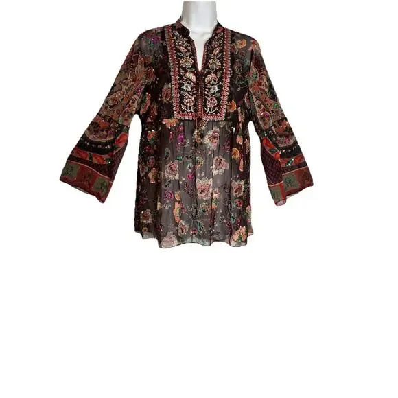 Soft Surroundings Embroidered Beaded Icon Asteria Tunic Sheer Boho Chic Flow SP - Picture 2 of 14